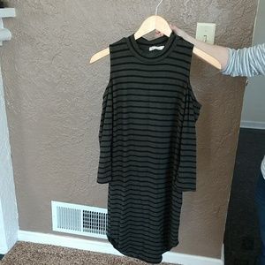 Olive and black stripped open shoulder dress.